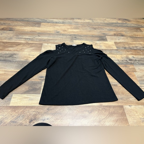 Como Blu Black Studded Shoulder Top Size L/G | Cold Shoulder Long Sleeve Blouse - Picture 2 of 9